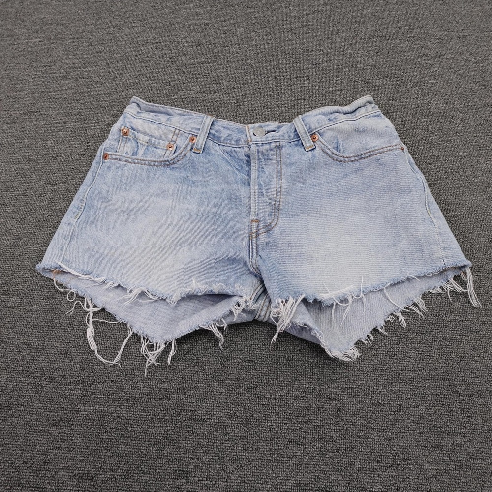 Levi's 501 Shorts Womens 28 Blue Light Wash Denim Button Fly Cutoff Raw Hem